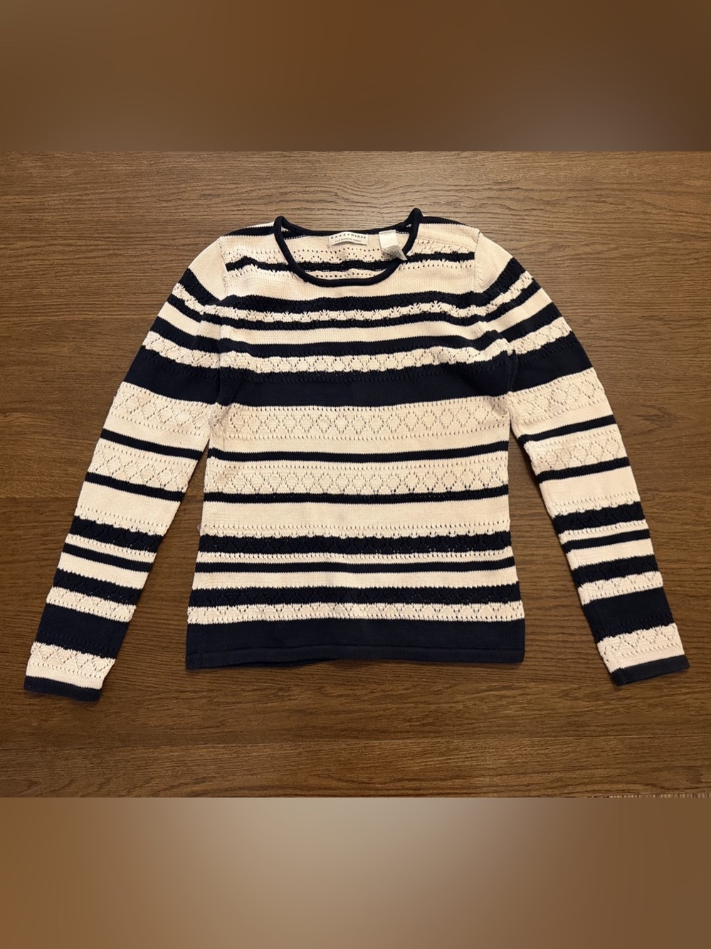 Vintage Crazy Horse Liz Claiborne Striped Knit Long Sleeve Top in Navy & Cream